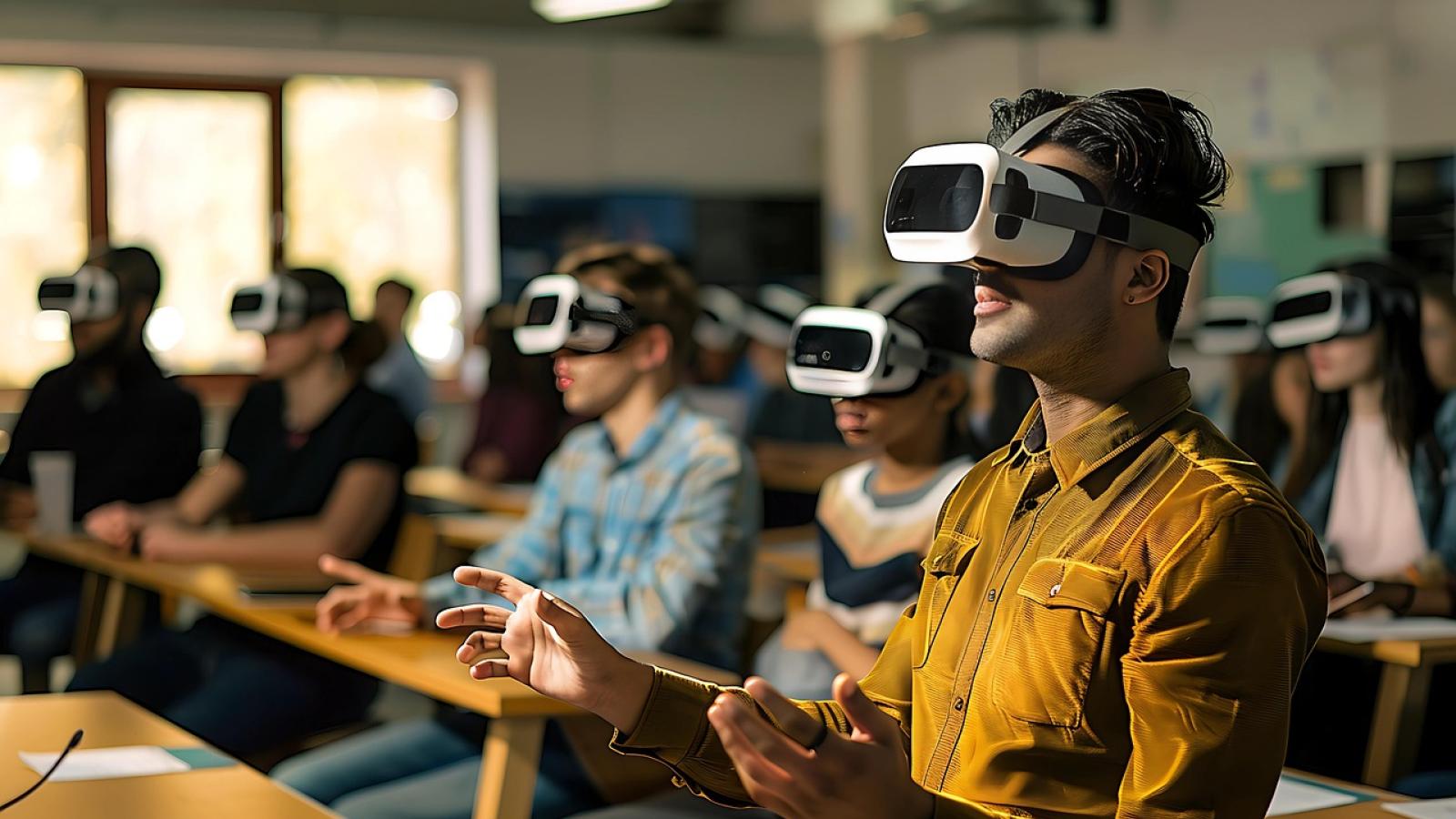 Students wearing VR glasses